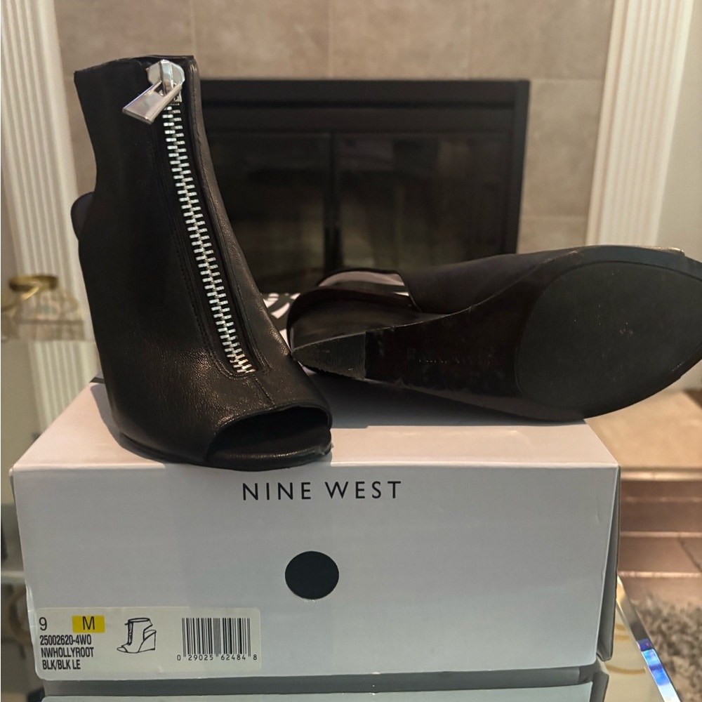 Nine West Black Peep-Toe Zip Ankle Boots